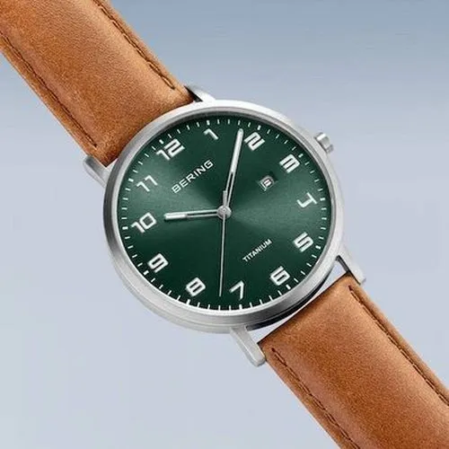 Bering Gents Titanium brushed silver Green Dial Tan Strap