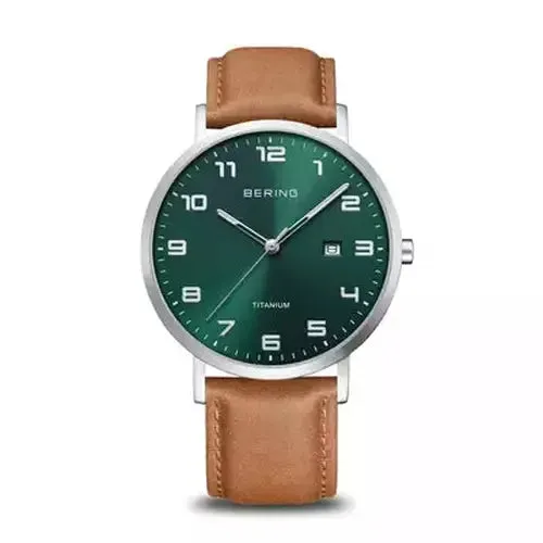 Bering Gents Titanium brushed silver Green Dial Tan Strap