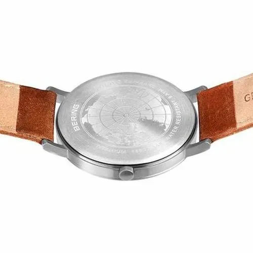 Bering Gents Titanium brushed silver Green Dial Tan Strap