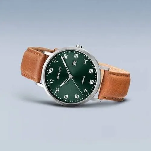 Bering Gents Titanium brushed silver Green Dial Tan Strap