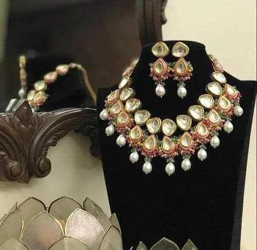 Big Kundan Drop Meena Necklace