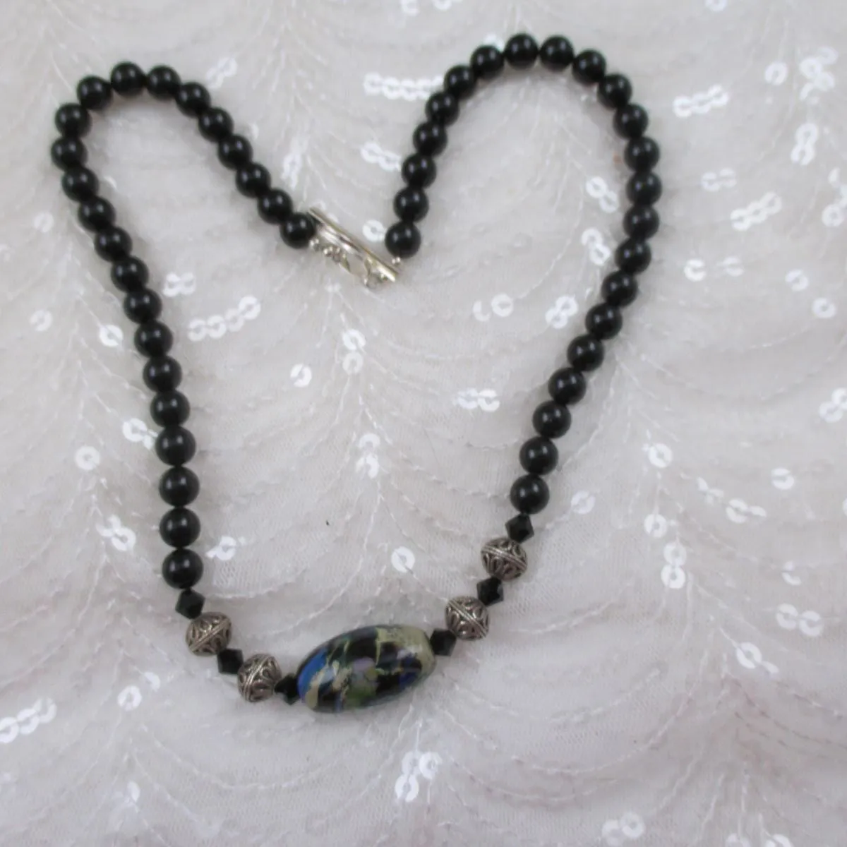 Black Handmade Swirled Artisan Bead and  Black Pearl Necklace