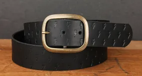 Black Leather Belt with Embossed Lightning Bolts and Antique Brass Buckle