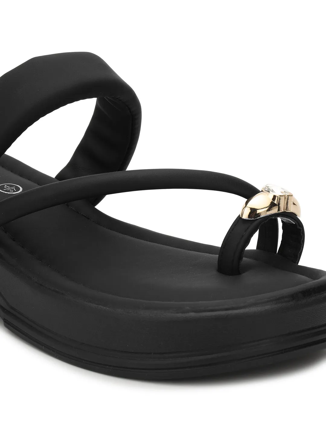 Black PU Diamond Toe Ring Slip-On Flats (TC-RS3599-BLK)