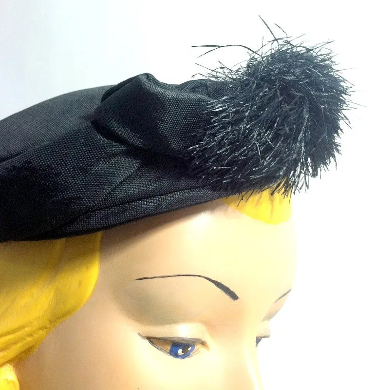 Black Whirled Mini Pillbox Hat with Fringed Accent circa 1960s Nina Neal