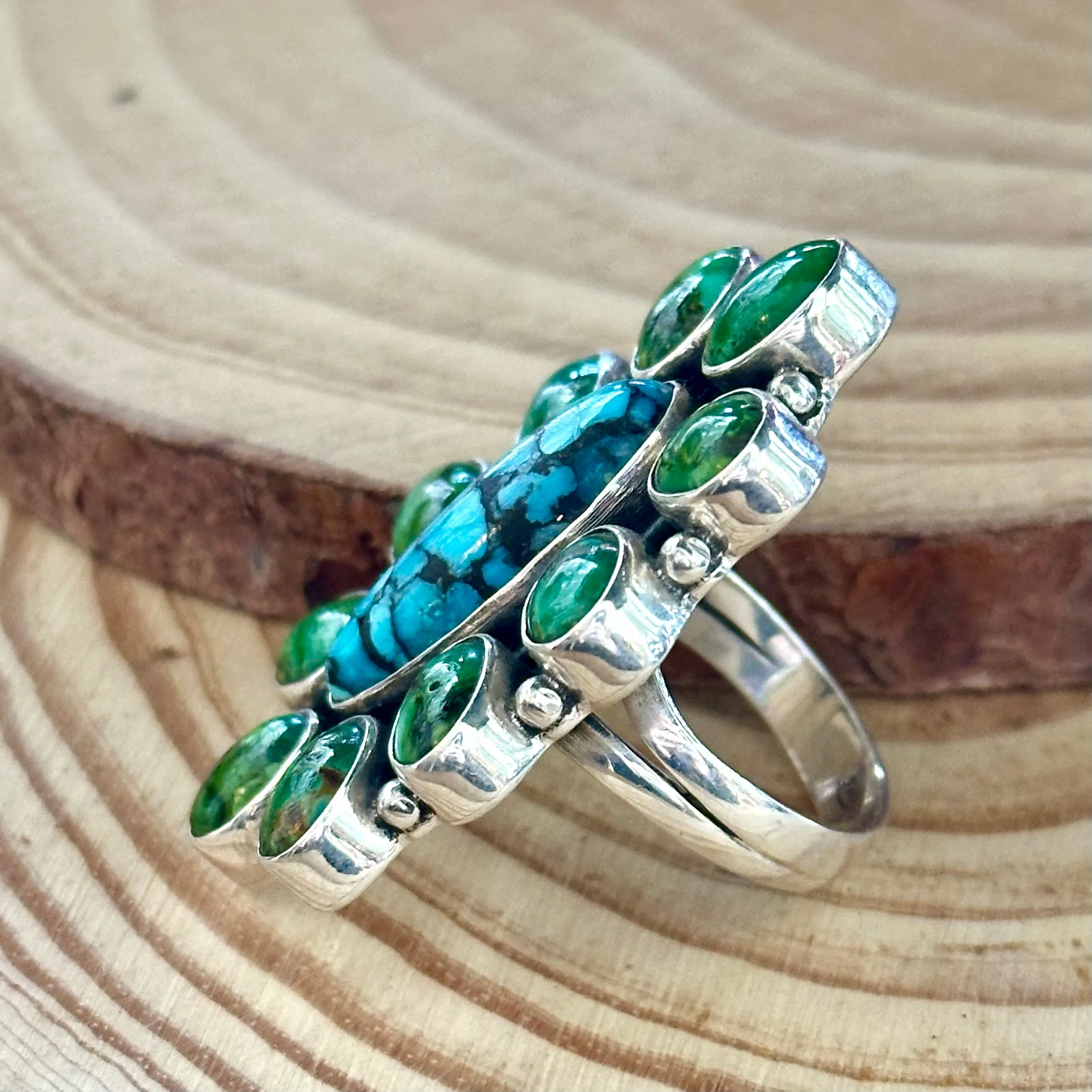 BLOOMING FLOWER Sterling Silver Blue & Green Turquoise Cluster Ring • Sizes 7 & 9 1/4