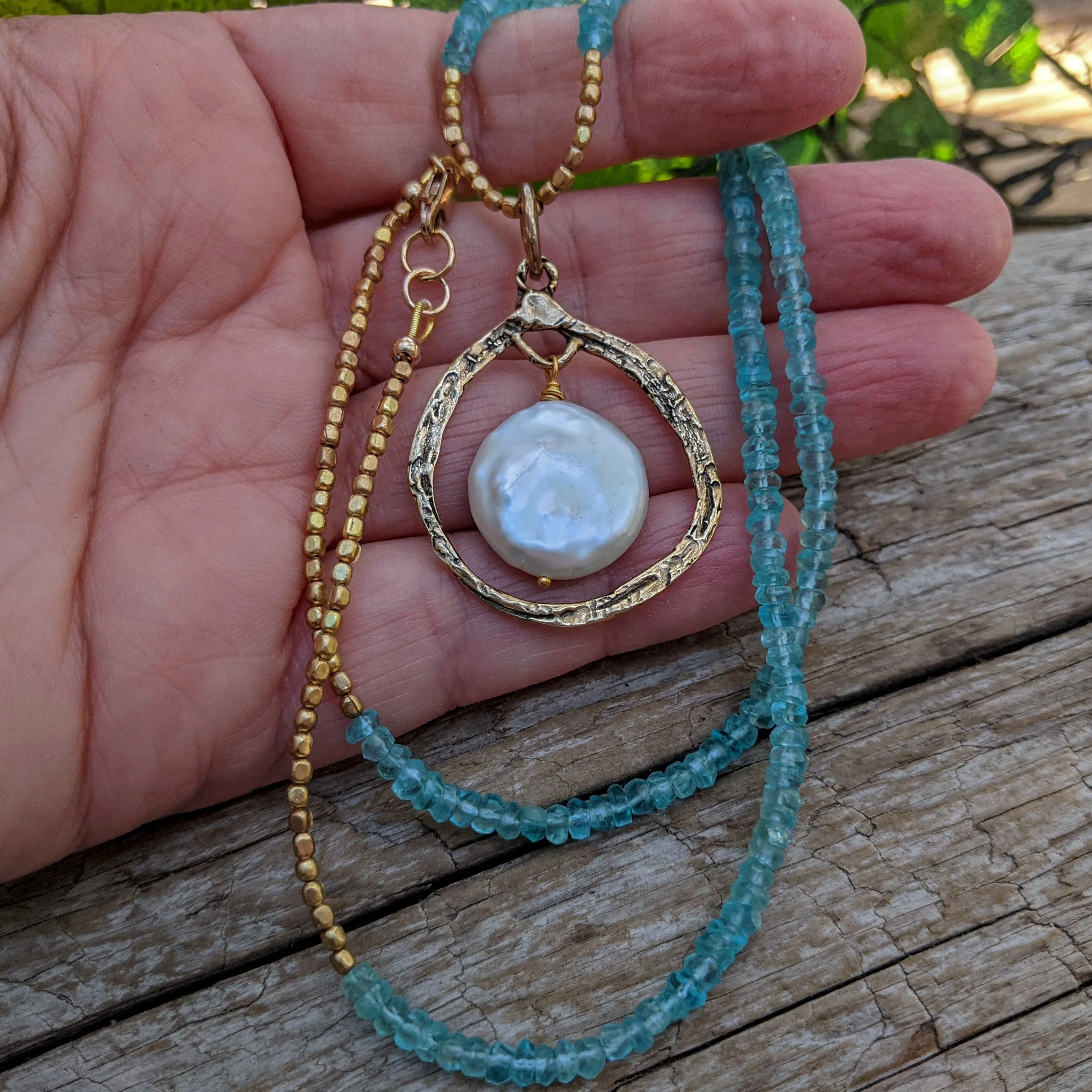 Blue Apatite Necklace & Big White Pearl Pendant