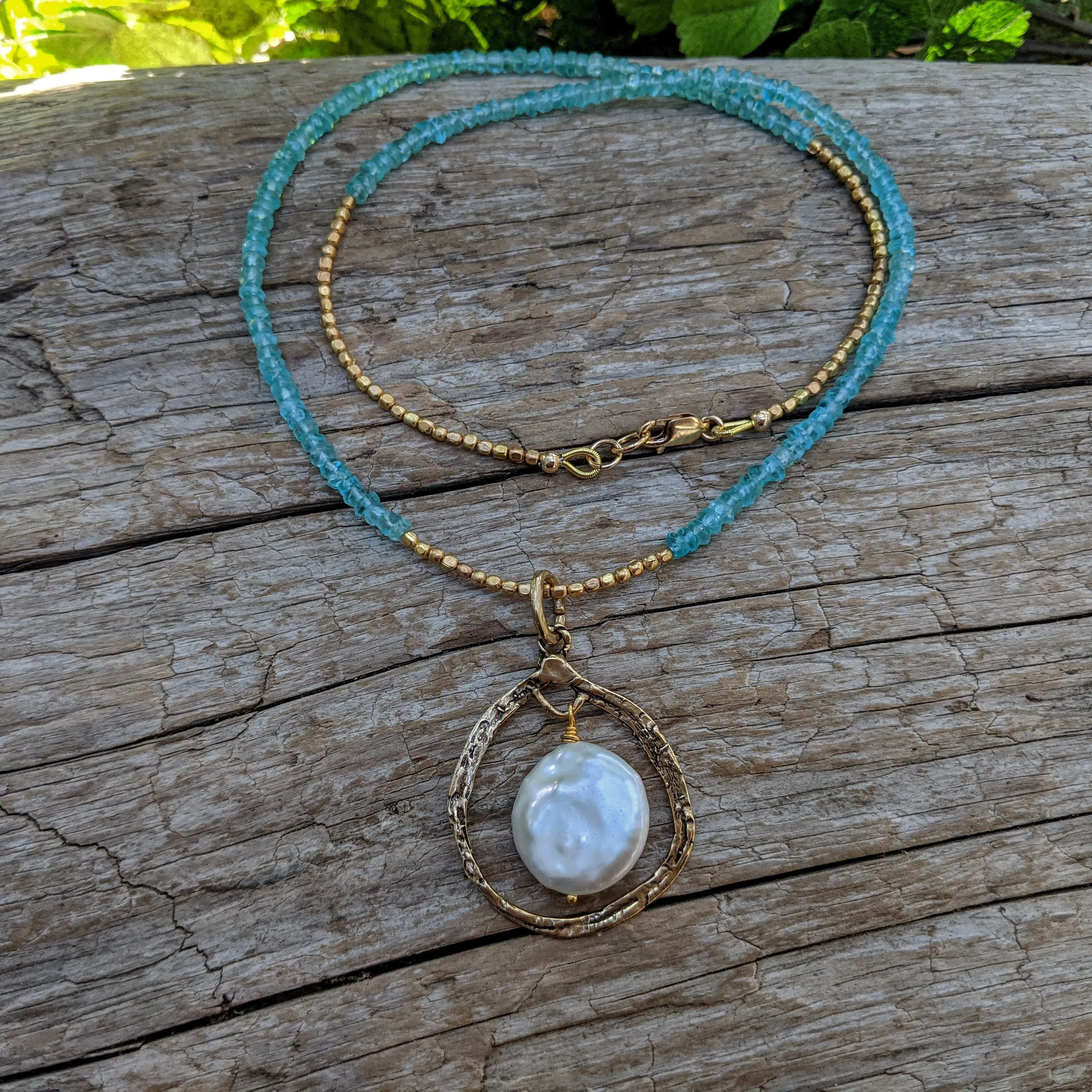 Blue Apatite Necklace & Big White Pearl Pendant