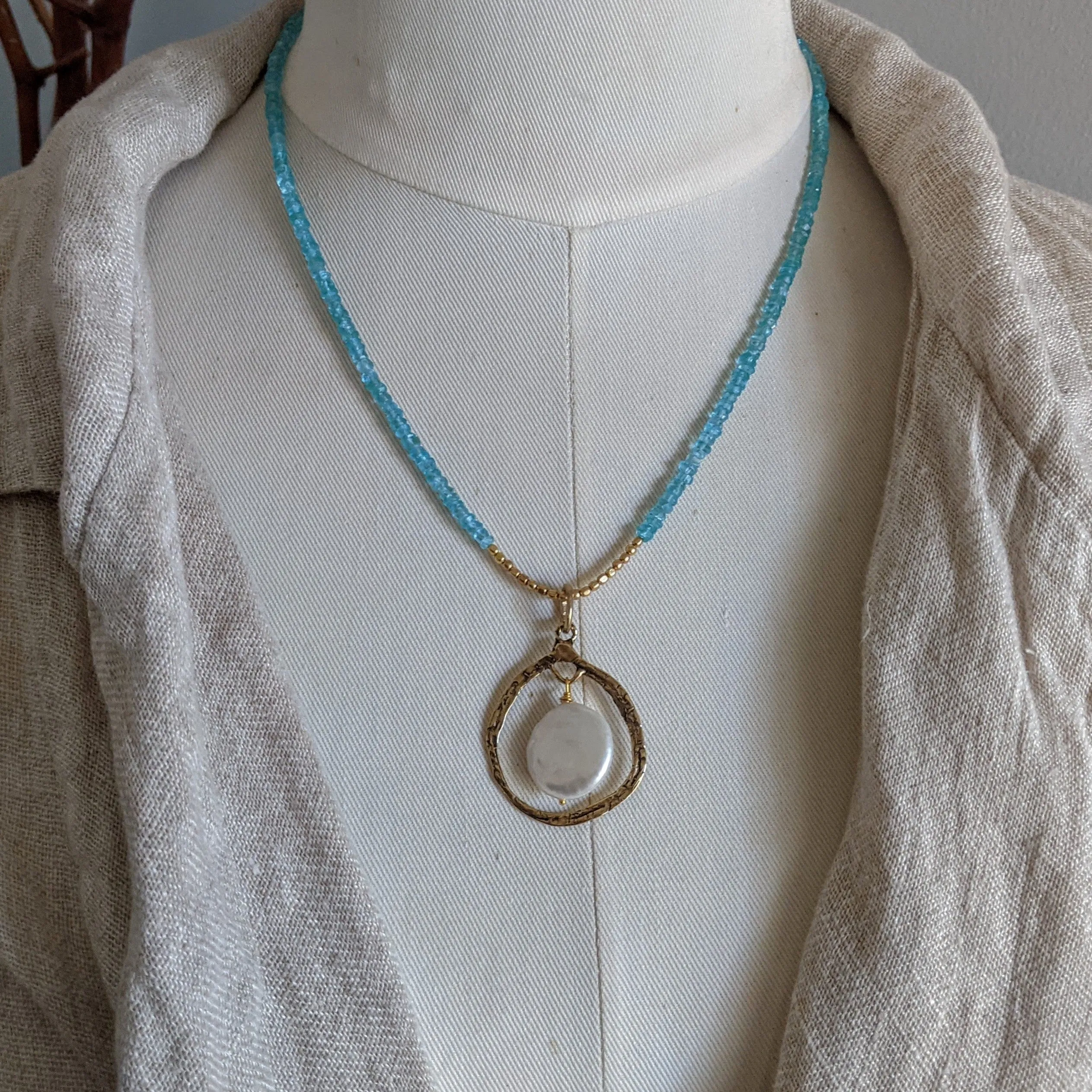 Blue Apatite Necklace & Big White Pearl Pendant