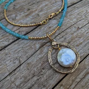 Blue Apatite Necklace & Big White Pearl Pendant