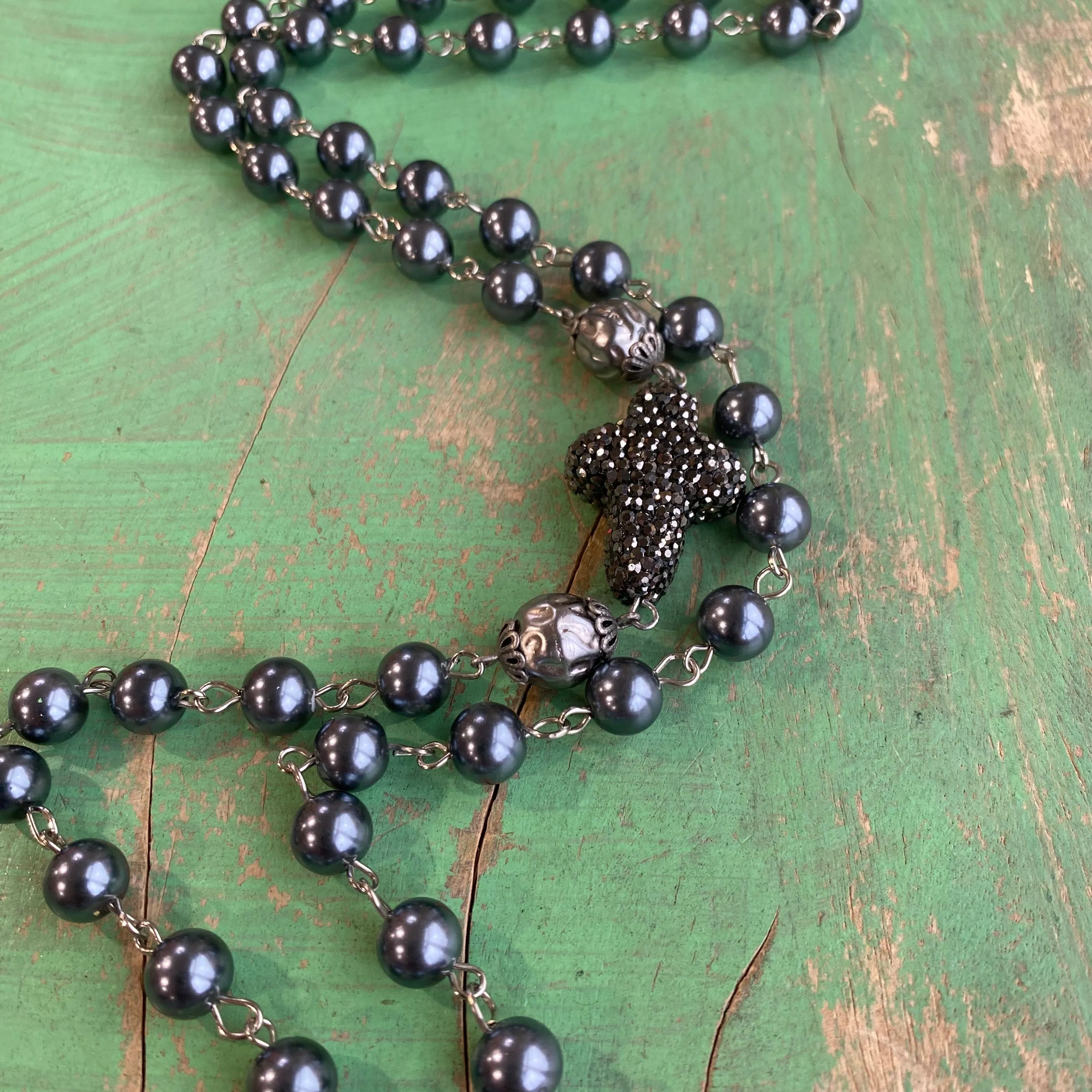 Blue Pearl and Pave Cross Necklace and Earrings