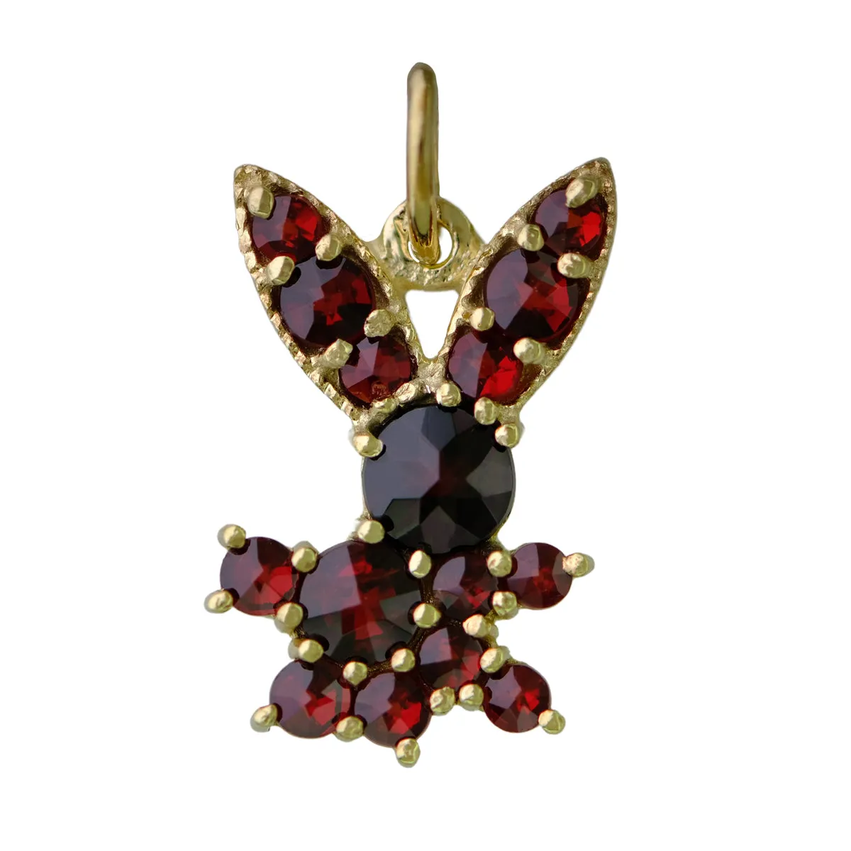 Bohemian Red Garnet Bunny Rabbit Pendant in Sterling Silver and Yellow Gold Vermeil