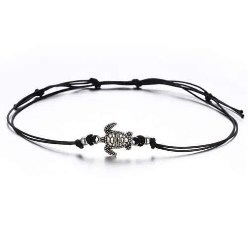 Bohemian Turtle Anklets Adjustable Wax Rope Black Blue White