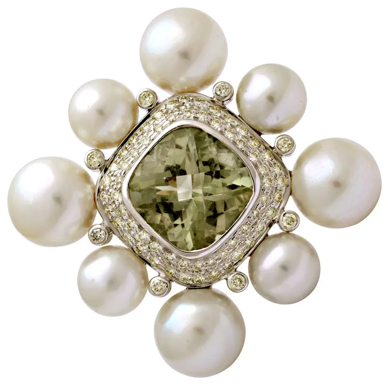 Brooch-Green Quartz, South Sea Pearl and Diamond