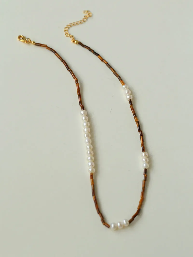 Brown Tiger Eye and Freshwater Pearl Necklace