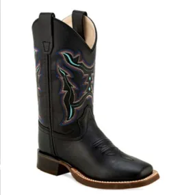 BSC1896 Old West Kid's Black Leather Square Toe Western Boot