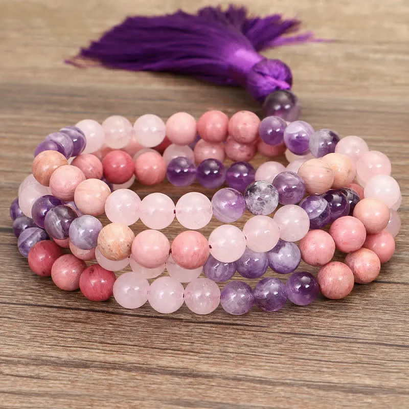 Buddha Stones 108 Mala Beads Amethyst Rose Quartz Spiritual Healing Tassel Bracelet