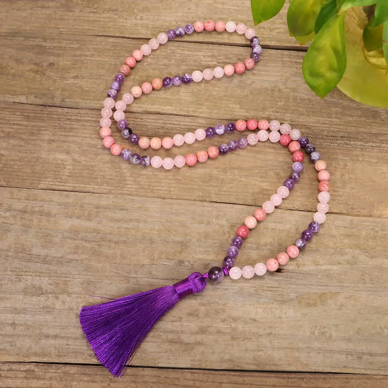 Buddha Stones 108 Mala Beads Amethyst Rose Quartz Spiritual Healing Tassel Bracelet