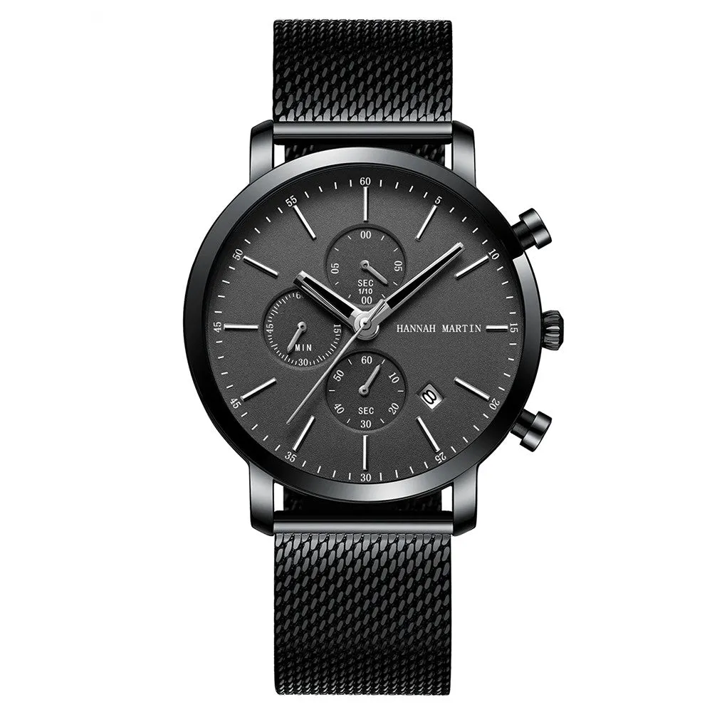 Business Casual Calendar Men's Watch Black Stainless Steel Mesh Belt Waterproof Quartz Watch