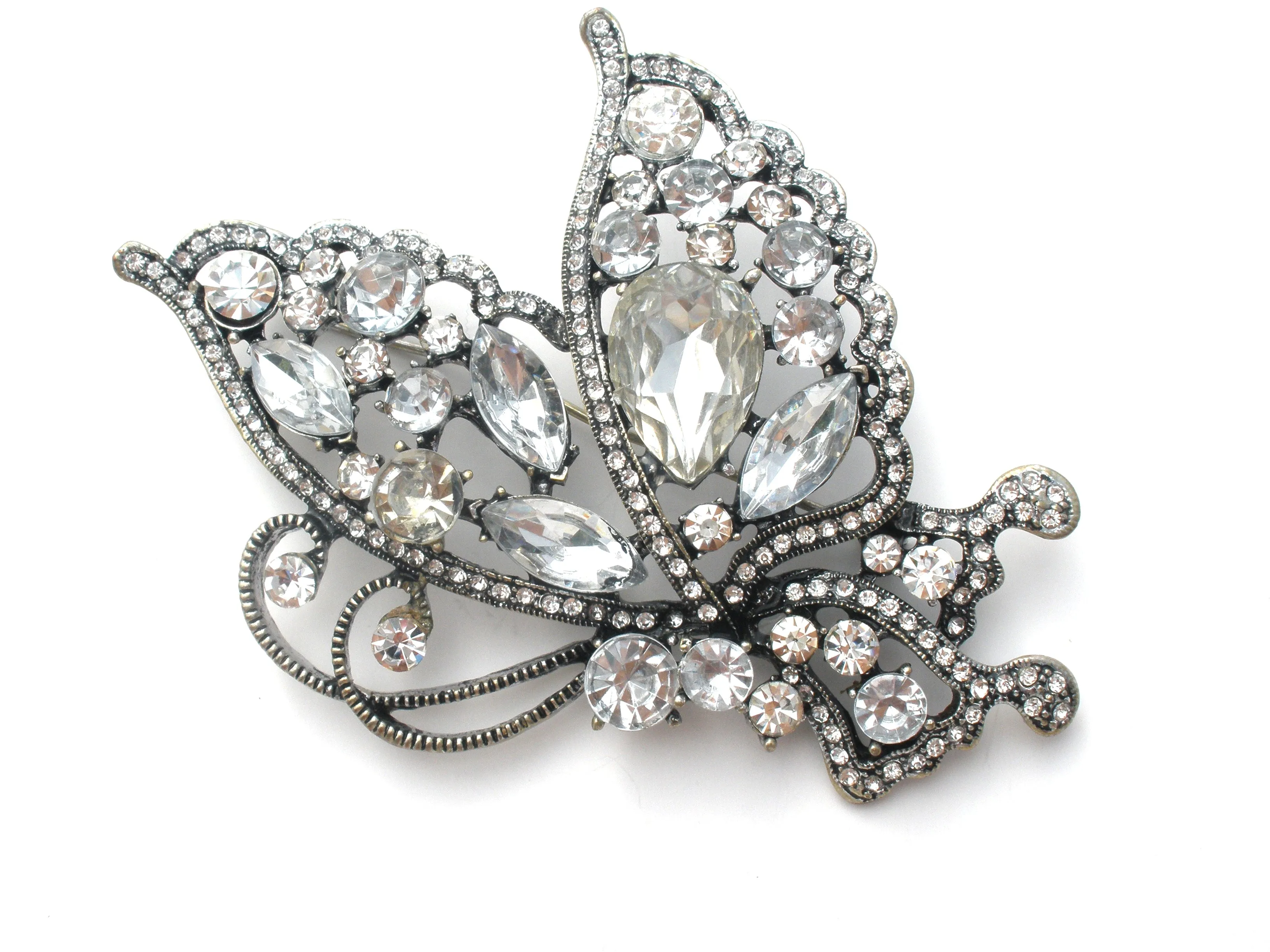 Butterfly Brooch Pin with Clear Rhinestones Vintage