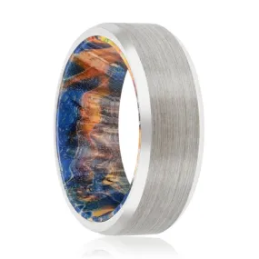 CARLOS | Blue & Yellow/Orange Wood, Silver Tungsten Ring, Brushed, Beveled