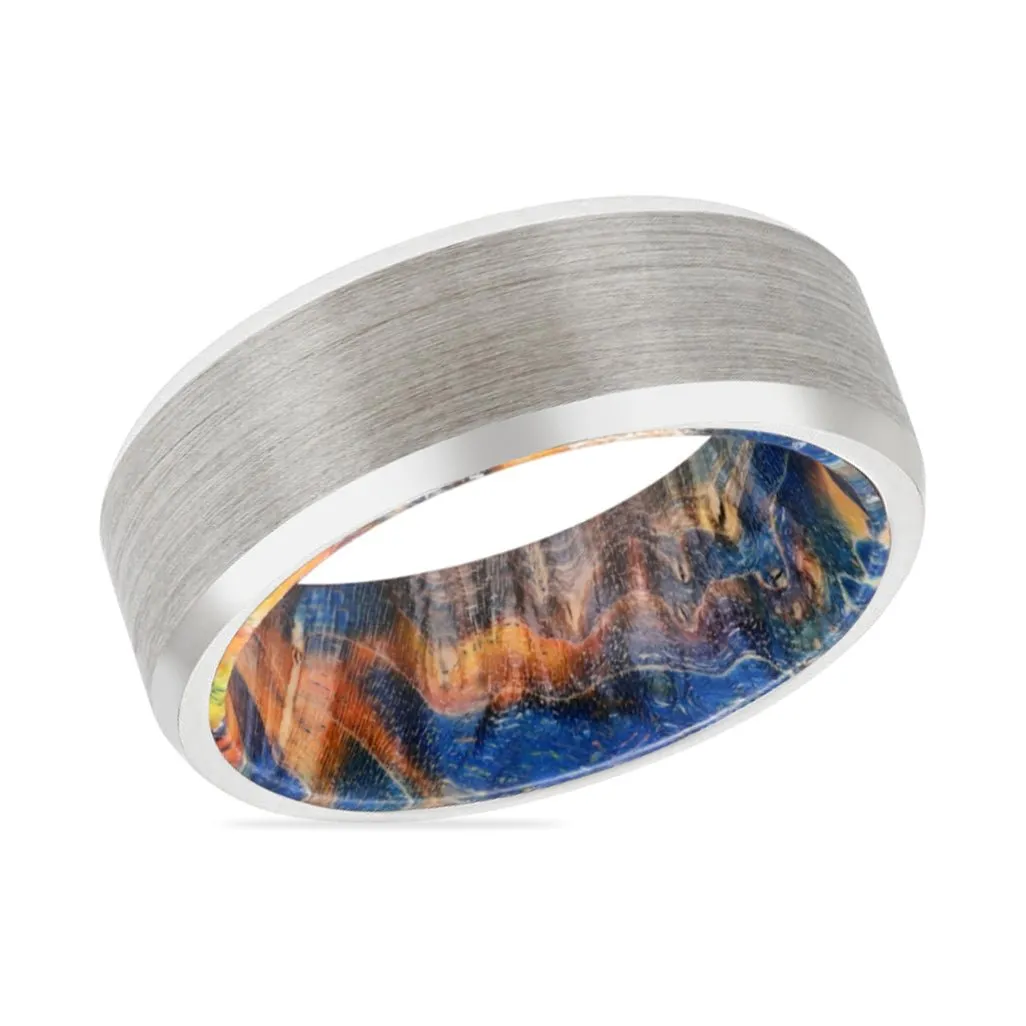 CARLOS | Blue & Yellow/Orange Wood, Silver Tungsten Ring, Brushed, Beveled