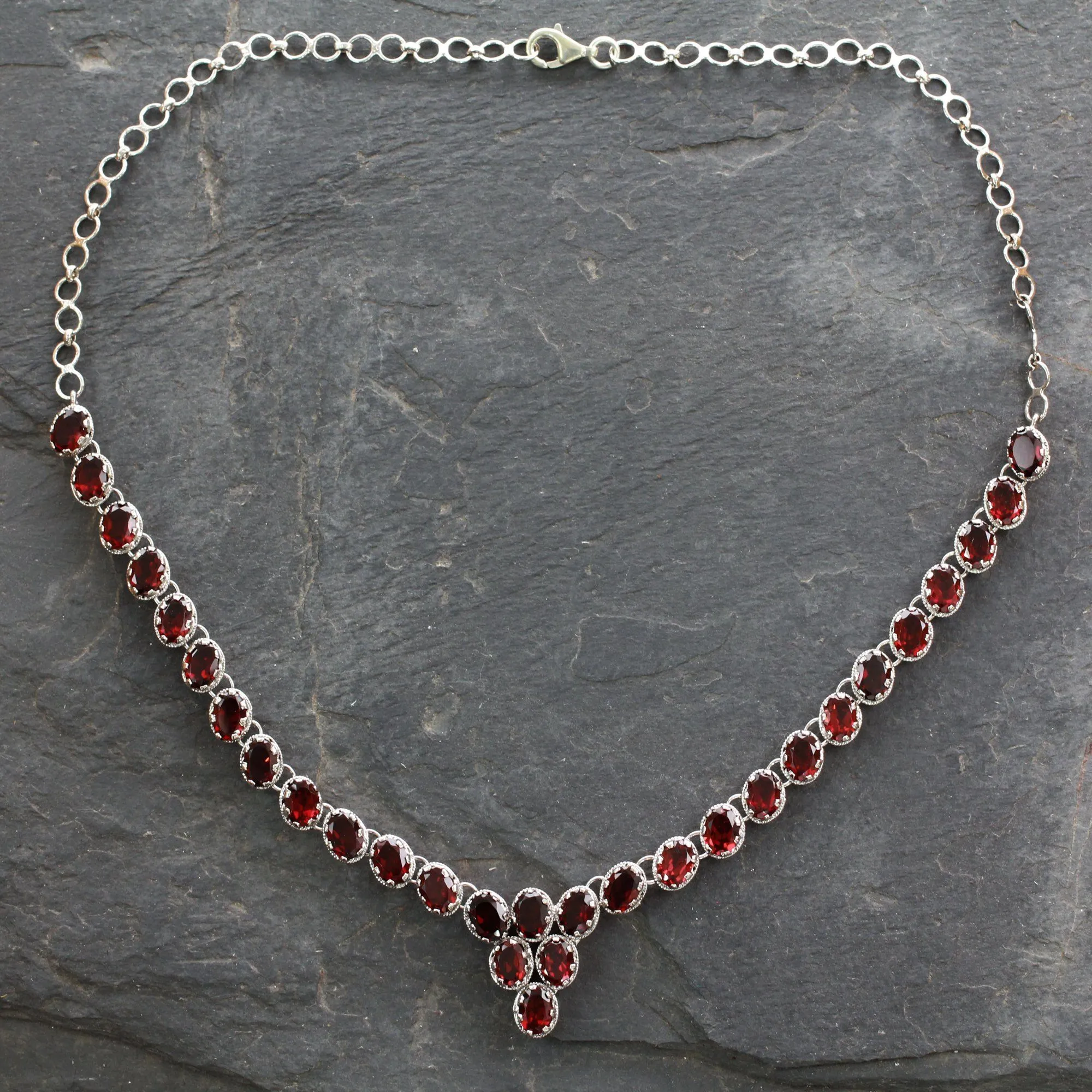 Cascading Crimson Garnet & Silver Choker Necklace