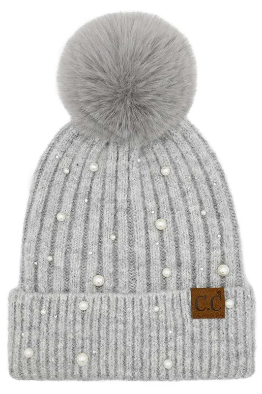 C.C Pearl & Rhinestone Pom Hat - 3 Colors!