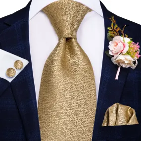 Champagne Golden Solid Tie Handkerchief Cufflinks Set with Wedding Brooch