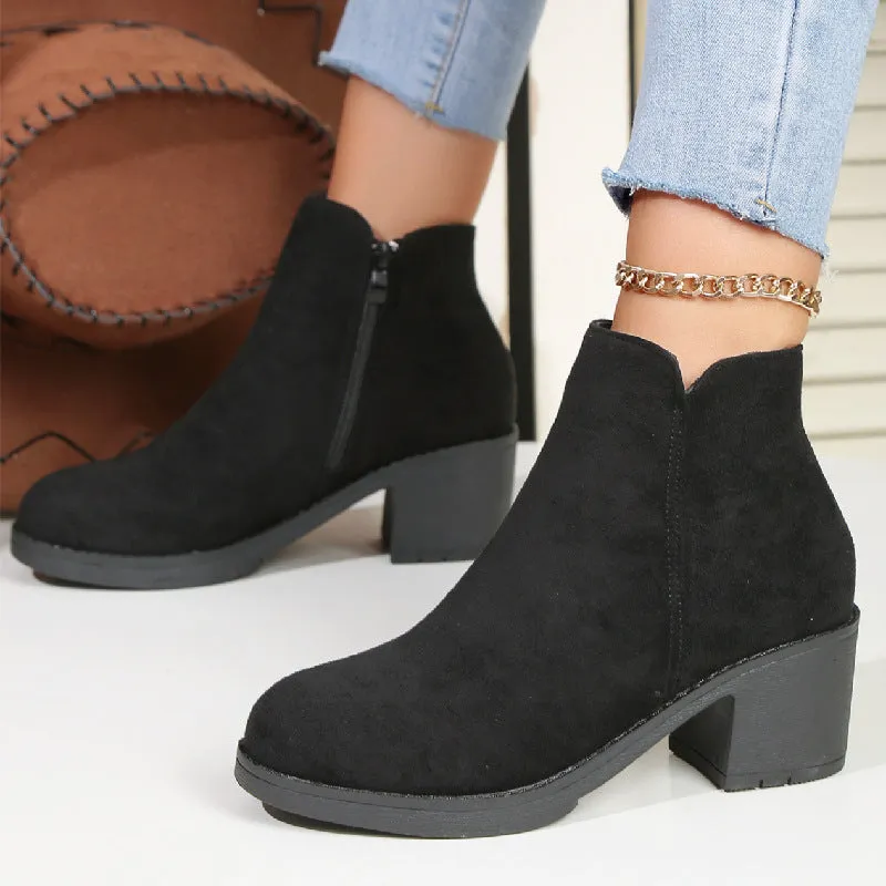 Chunky Heel round Toe Suede Martin Boots for Women  Autumn and Winter British Style Black Mid Heel Side Zipper plus Size Women's Ankle Boots