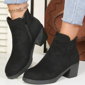 Chunky Heel round Toe Suede Martin Boots for Women  Autumn and Winter British Style Black Mid Heel Side Zipper plus Size Women's Ankle Boots