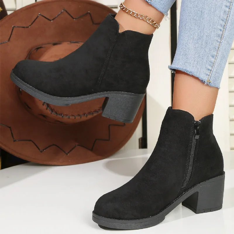 Chunky Heel round Toe Suede Martin Boots for Women  Autumn and Winter British Style Black Mid Heel Side Zipper plus Size Women's Ankle Boots