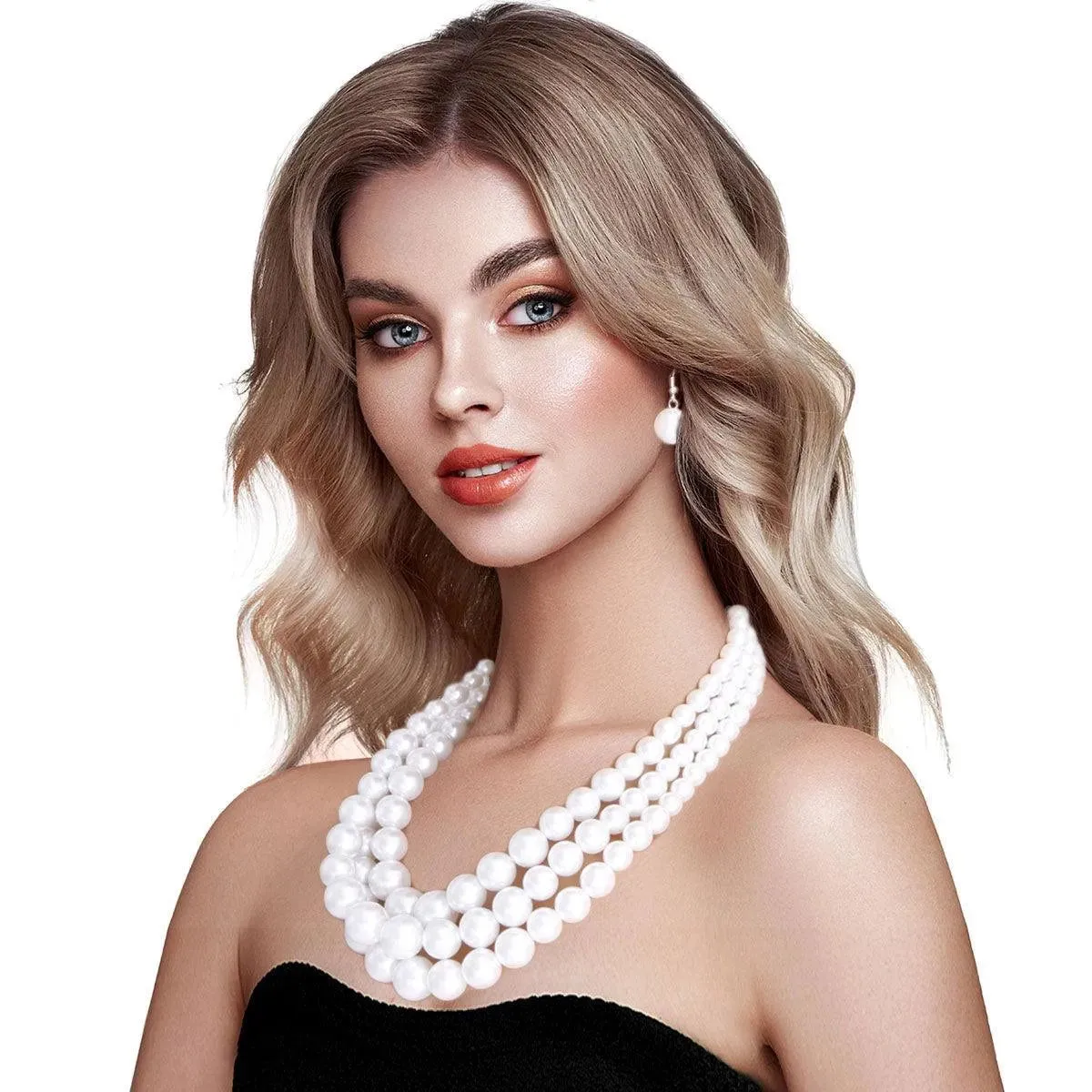 Classic Vintage-style 3-Strand White Pearl Necklace Set