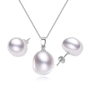 Classic Women's White Freshwater Pearl Pendant Necklace and Earrings