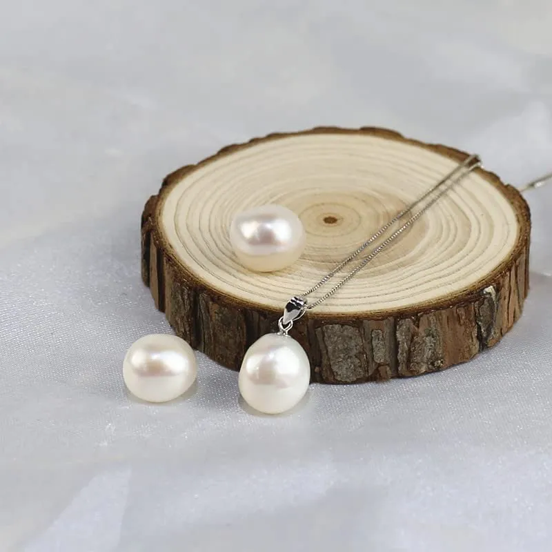 Classic Women's White Freshwater Pearl Pendant Necklace and Earrings