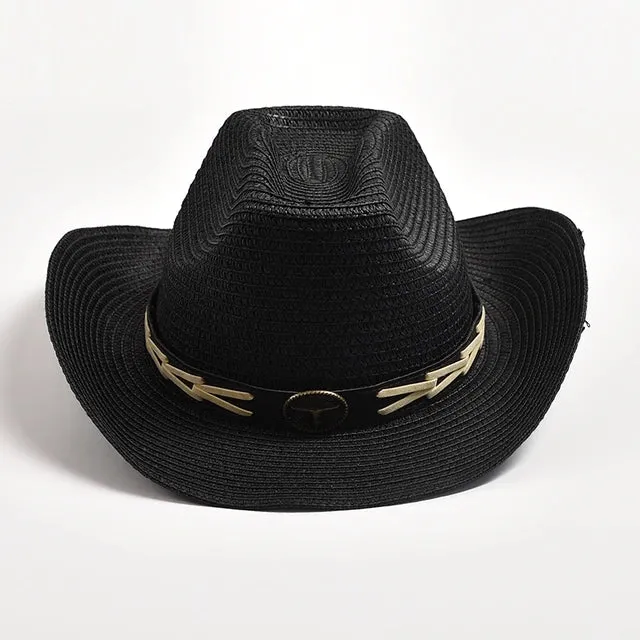 Classical Straw Western Cowboy Hats Wide Brim Retro Bull Head Jazz Hat