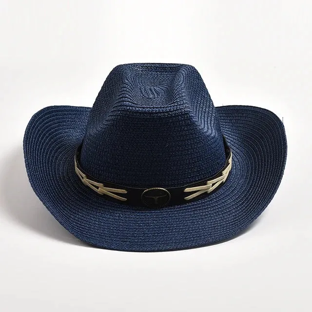 Classical Straw Western Cowboy Hats Wide Brim Retro Bull Head Jazz Hat