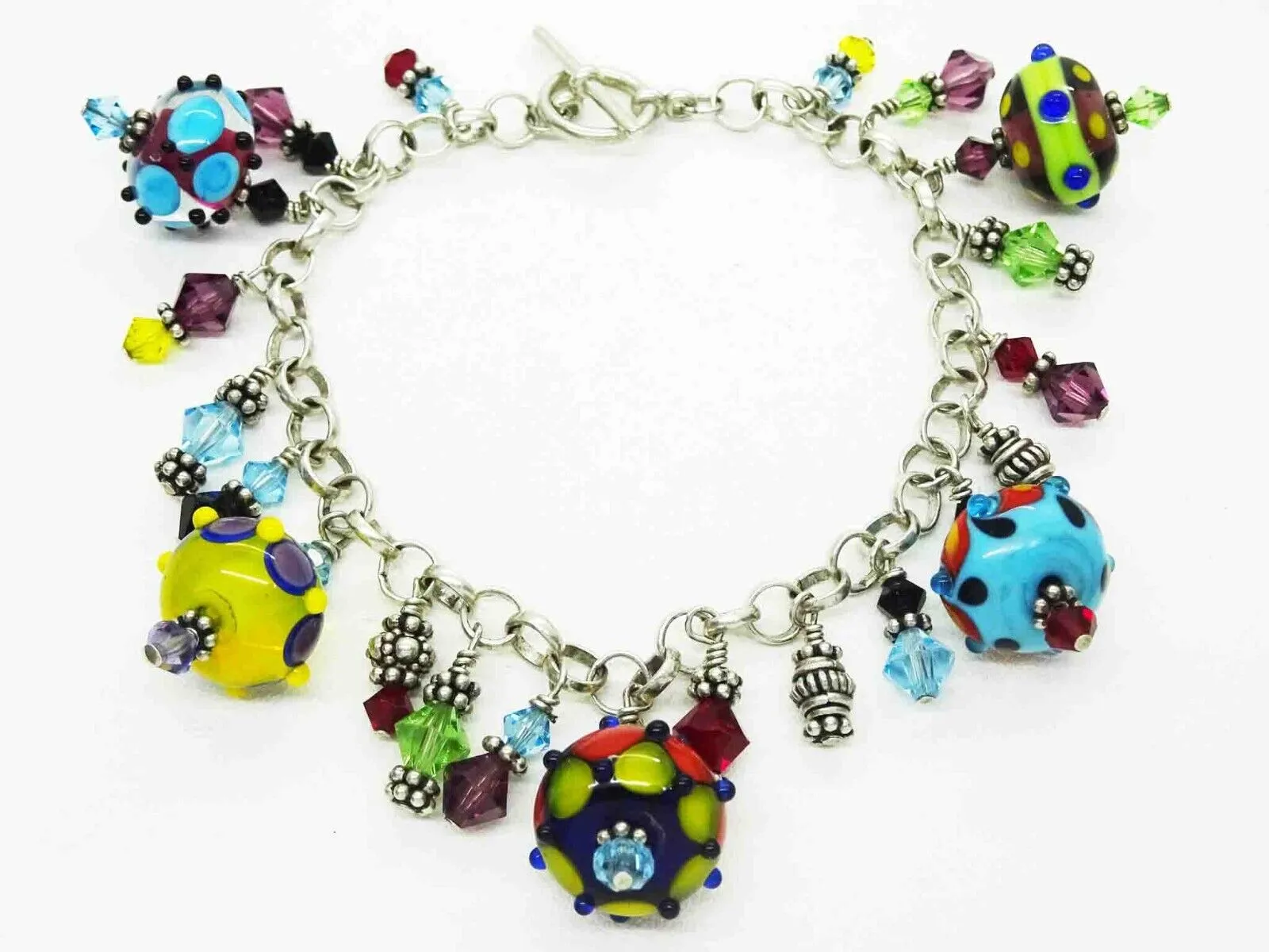 Colorful Murano Glass & Crystal Bead Charm Toggle Charm Bracelet Sterling Silver