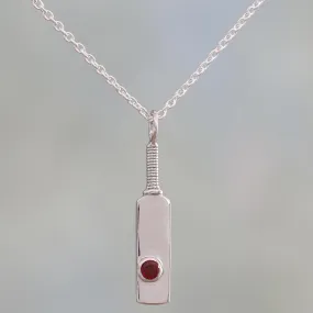 Cricket Bat Sterling Silver and Garnet Pendant Necklace from India