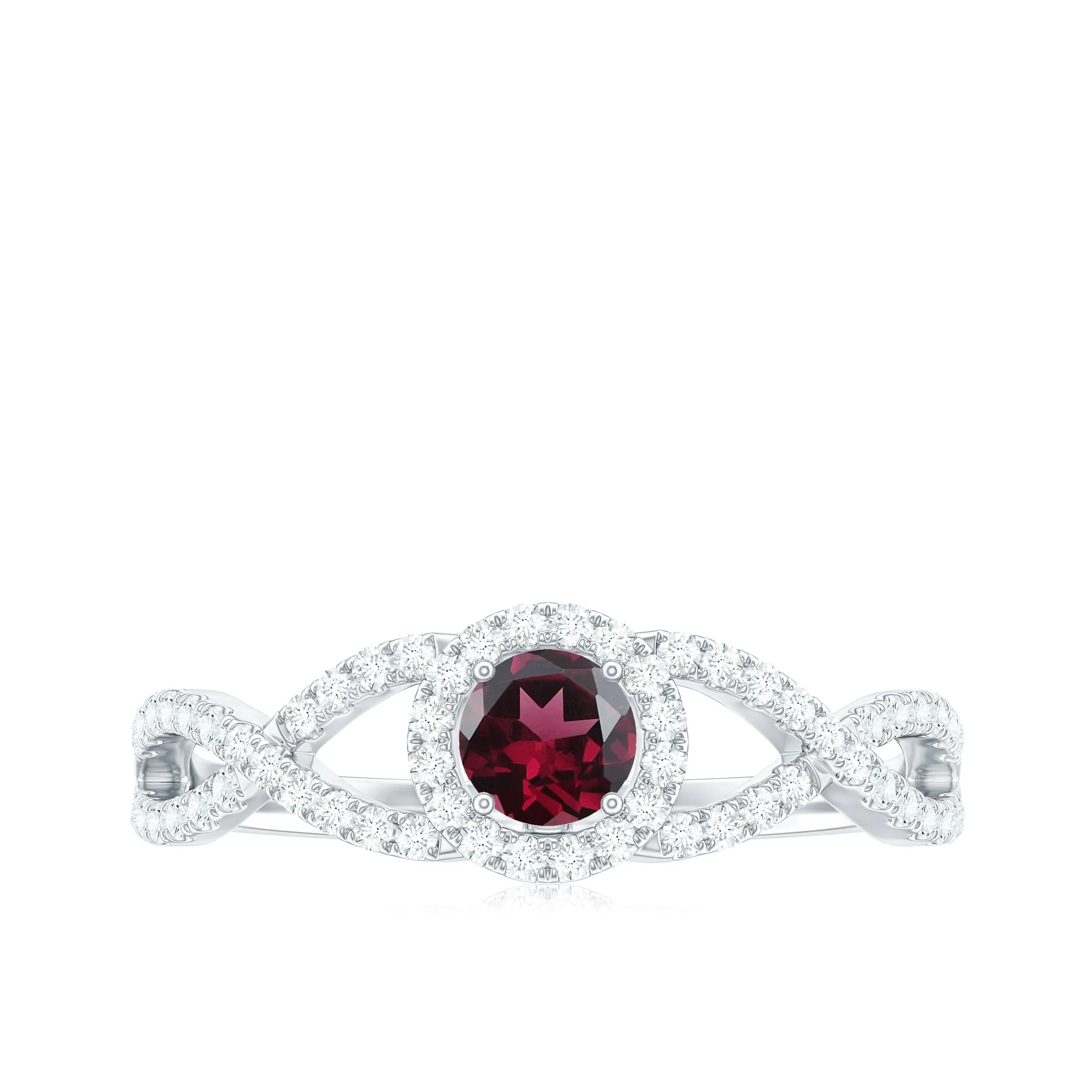 Criss Cross Shank Rhodolite and Diamond Halo Engagement Ring