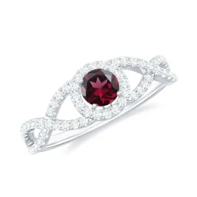 Criss Cross Shank Rhodolite and Diamond Halo Engagement Ring