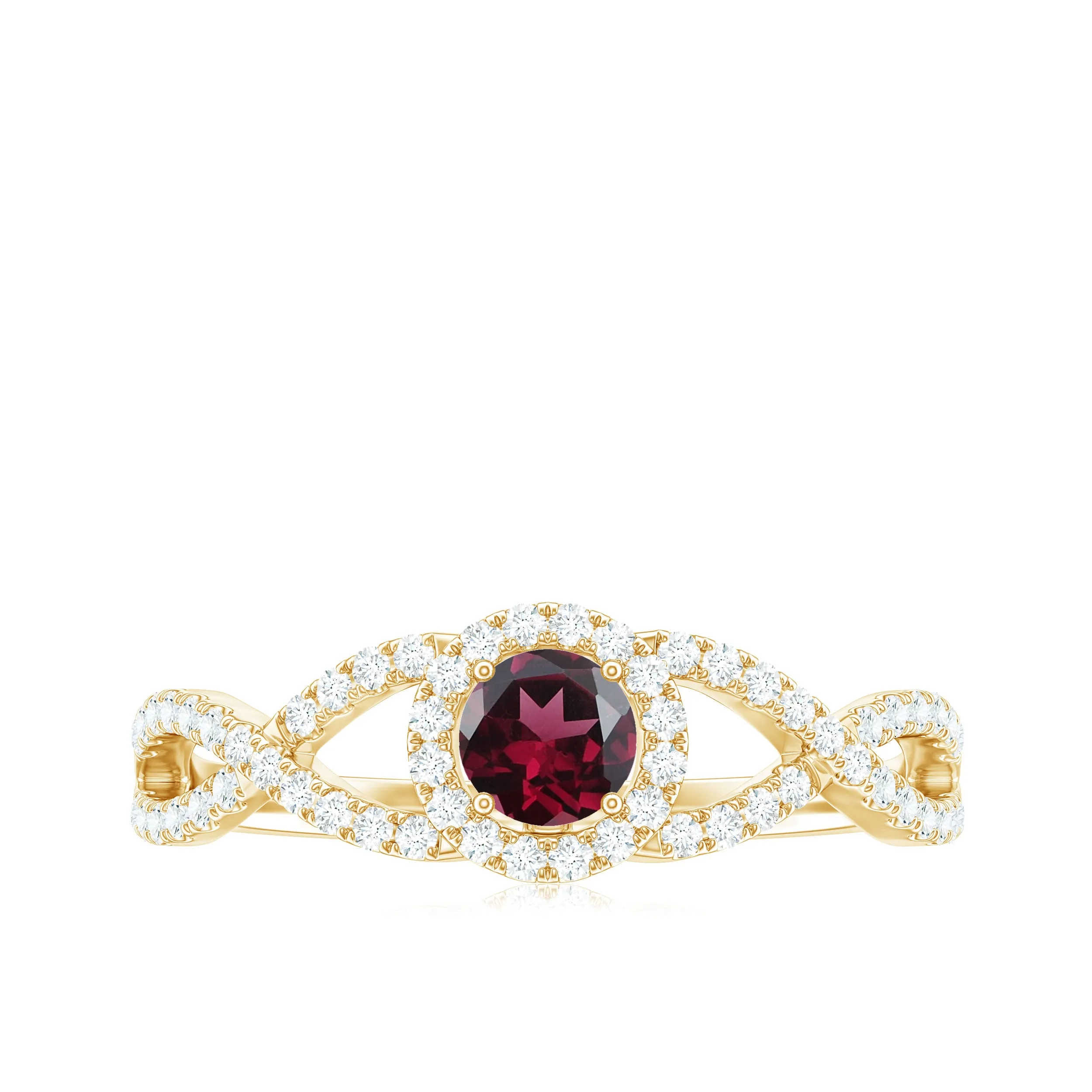 Criss Cross Shank Rhodolite and Diamond Halo Engagement Ring