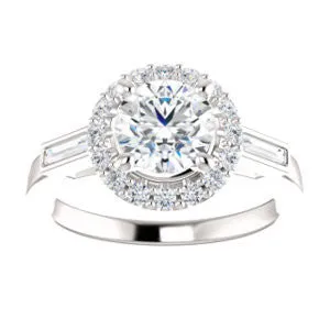 Cubic Zirconia Engagement Ring- The Azariah (Customizable Cathedral Round Cut Design with Halo and Straight Baguettes)