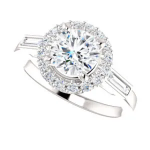 Cubic Zirconia Engagement Ring- The Azariah (Customizable Cathedral Round Cut Design with Halo and Straight Baguettes)