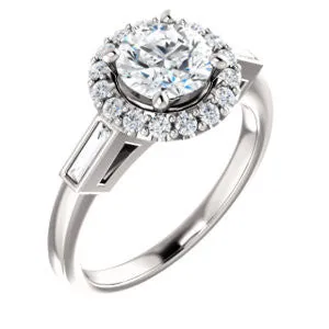 Cubic Zirconia Engagement Ring- The Azariah (Customizable Cathedral Round Cut Design with Halo and Straight Baguettes)