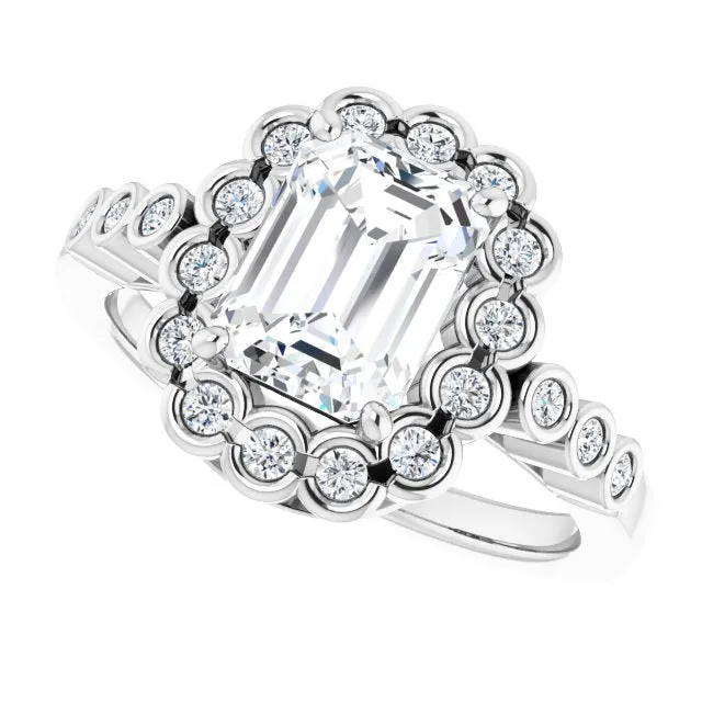 Cubic Zirconia Engagement Ring- The Berkley (Customizable Radiant Cut Design with Round-bezel Halo and Band Accents)