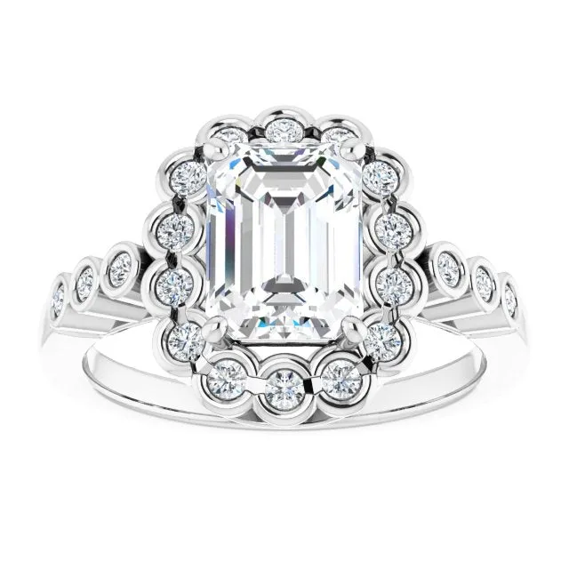 Cubic Zirconia Engagement Ring- The Berkley (Customizable Radiant Cut Design with Round-bezel Halo and Band Accents)