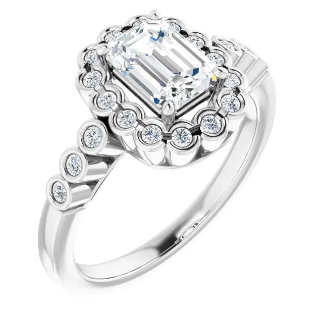 Cubic Zirconia Engagement Ring- The Berkley (Customizable Radiant Cut Design with Round-bezel Halo and Band Accents)