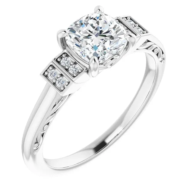 Cubic Zirconia Engagement Ring- The Brynhild (Customizable Engraved Design with Cushion Cut Center and Perpendicular Band Accents)