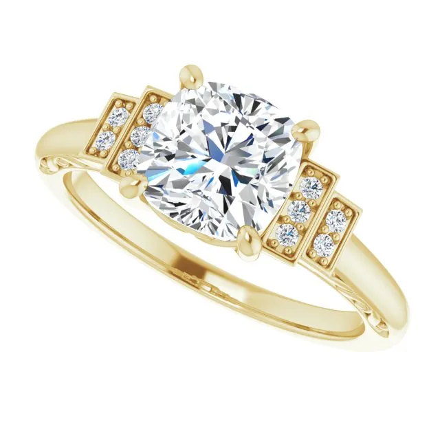 Cubic Zirconia Engagement Ring- The Brynhild (Customizable Engraved Design with Cushion Cut Center and Perpendicular Band Accents)